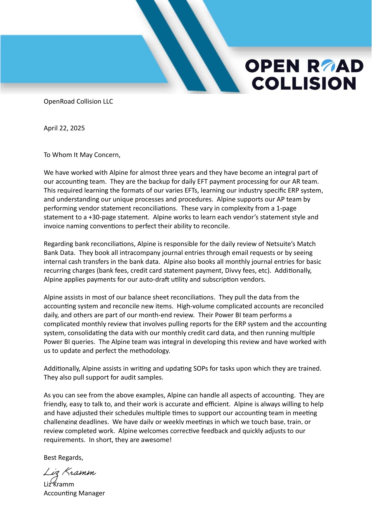 OpenRoad Testimonial Letter